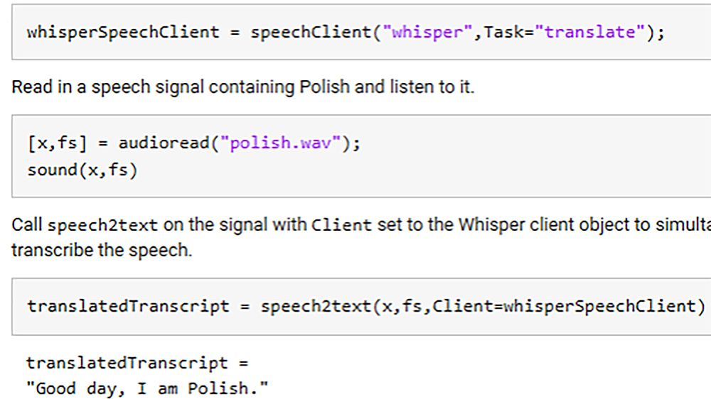 Code using speech2text function with non-default speechClient object for Whisper model in translation mode.
