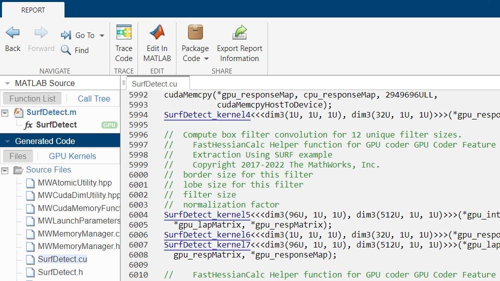 Code generation report showing generated CUDA code.