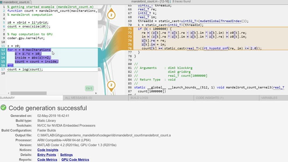 Code generation report showing interactive bidirectional traceability between MATLAB code and generated CUDA code.