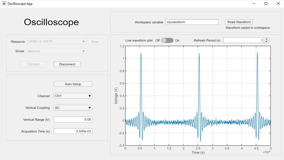 Custom app being used to connect to an oscilloscope, change its settings, and display data collected from it.