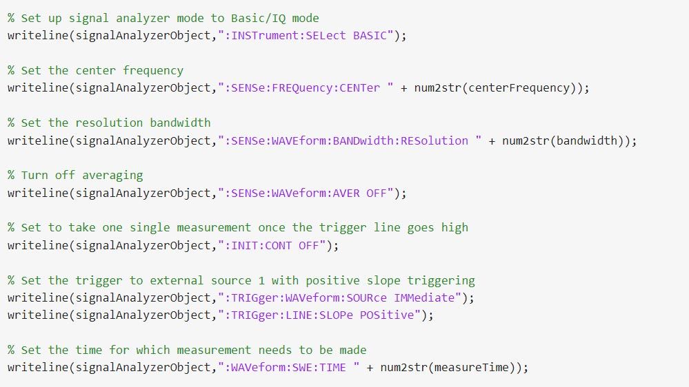 MATLAB code sample that shows text-based SCPI commands to change the frequency settings of a signal analyzer.
