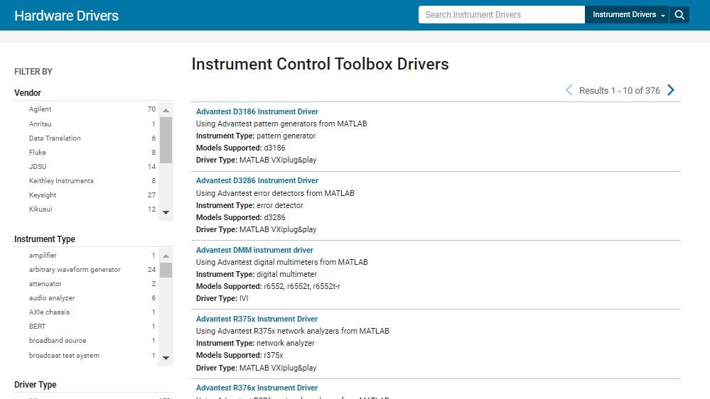 Instrument Control Toolbox Driver Search tool for finding IVI and VXIplug&play drivers, shown with options for searching by instrument type, driver type, and instrument manufacturer.