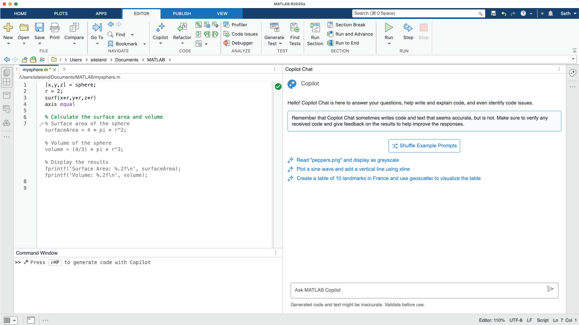 Screenshot of the MATLAB desktop showing a script that calculates the surface area and volume of a sphere, including code suggested by MATLAB Copilot.