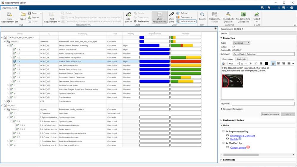 The Requirements Editor app showing a spreadsheet  summarizing requirements and detailed attributes in the Property Inspector window.