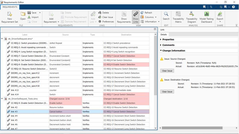 The links view in the Requirements Editor highlighting requirement and test case changes. 