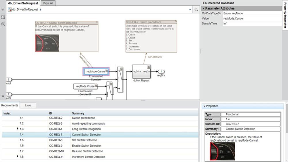 A Simulink Web view of an automotive cruise control model showing linked requirements information. 