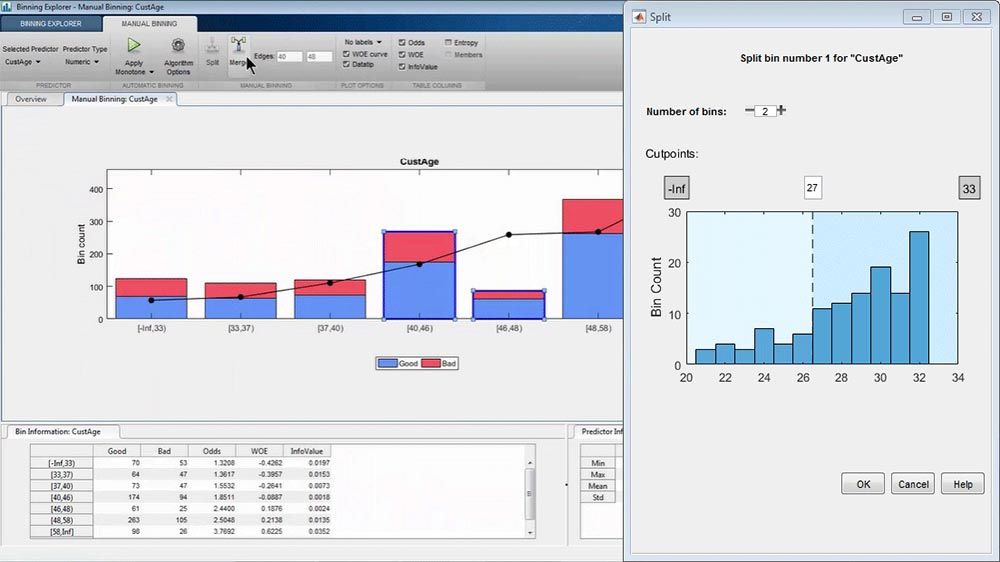 Screenshot of the Binning Explorer app showing automatic binning of a numeric customer age variable. 