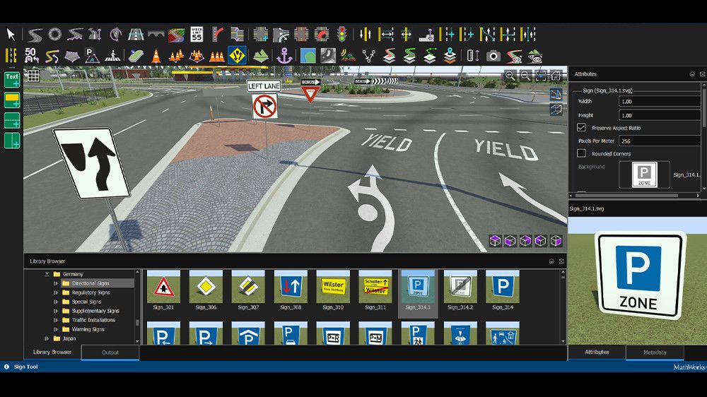 RoadRunner interface showing a German road sign asset from RoadRunner Asset Library selected and a road with several other road signs shown on the canvas.