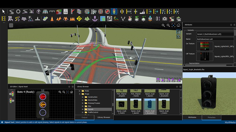 RoadRunner interface showing a traffic light asset from RoadRunner Asset Library selected and an intersection shown on the canvas with left turn maneuvers highlighted in green.