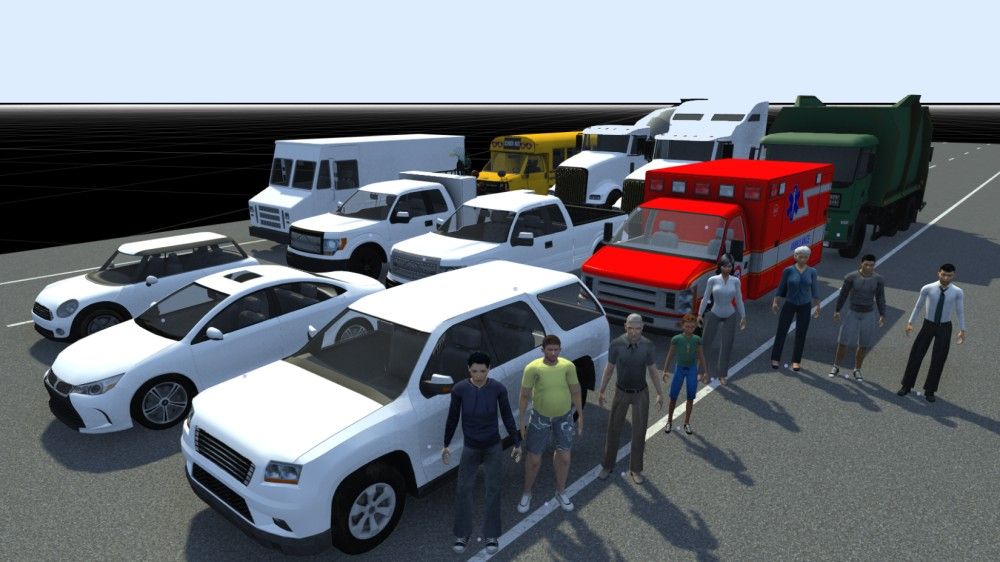 Rows of vehicles on a road in the RoadRunner environment, including cars, vans, SUVs, trucks, and busses.