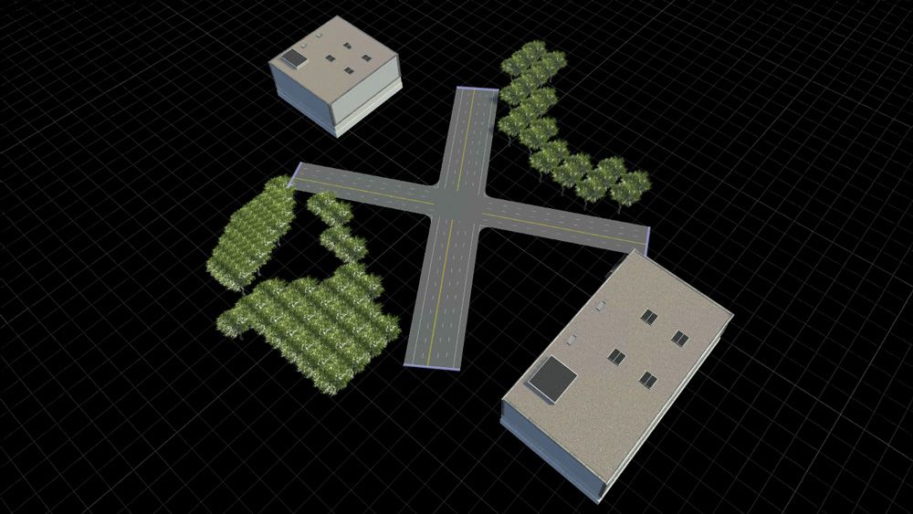 Create Intersections with Buildings and Trees RoadRunner scene with intersection built using RRHD.