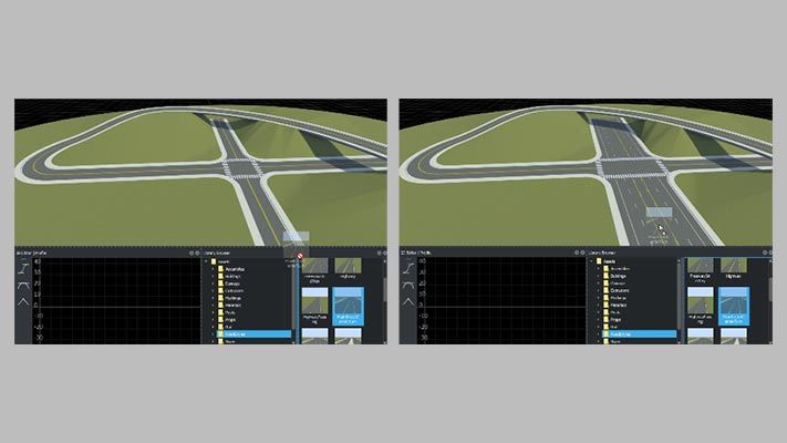 Modeling Road Styles Two side-by-side scenes depicting the adjustment of road styles in the RoadRunner editor.