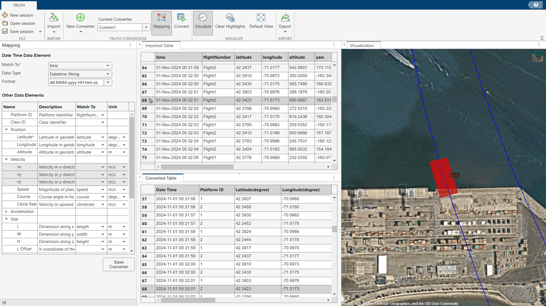 Tracking Data Importer app showing options for converting data, a table with flight data (including time and position), and a visualization of flight paths over a coastal area.
