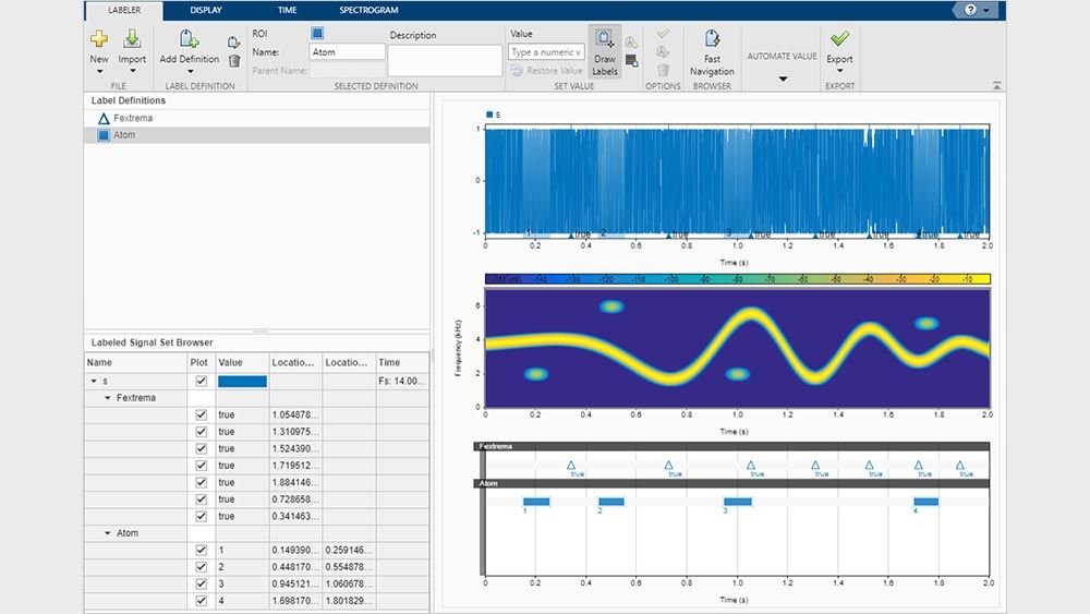 Signals plotted in time and time-frequency domains with corresponding labels within the Signal Labeler app.
