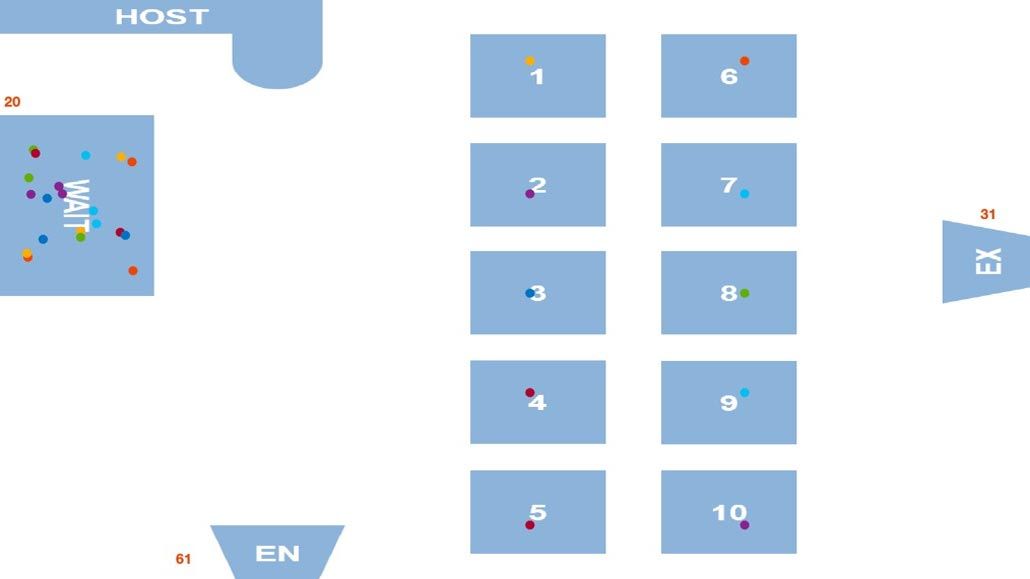 A restaurant layout with an entrance, a waiting area, dining tables, and an exit.