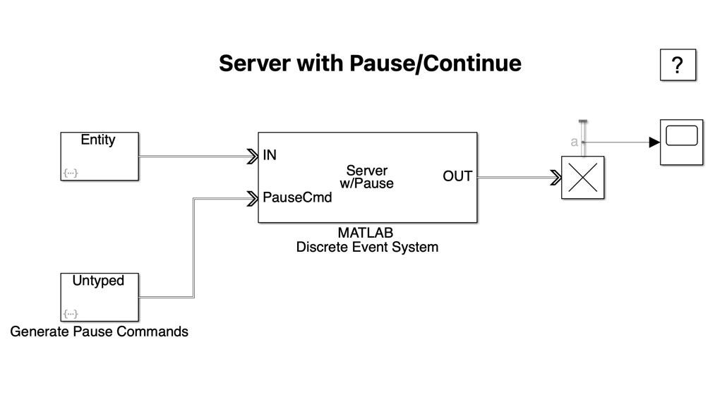 MATLAB Discrete Event System block-based model of a server with capability to pause/continue service.