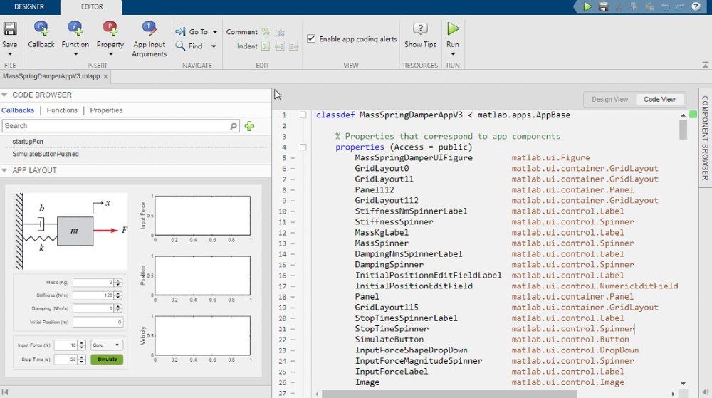 Screenshot of using App Designer to design a graphic UI of a Simulink simulation.