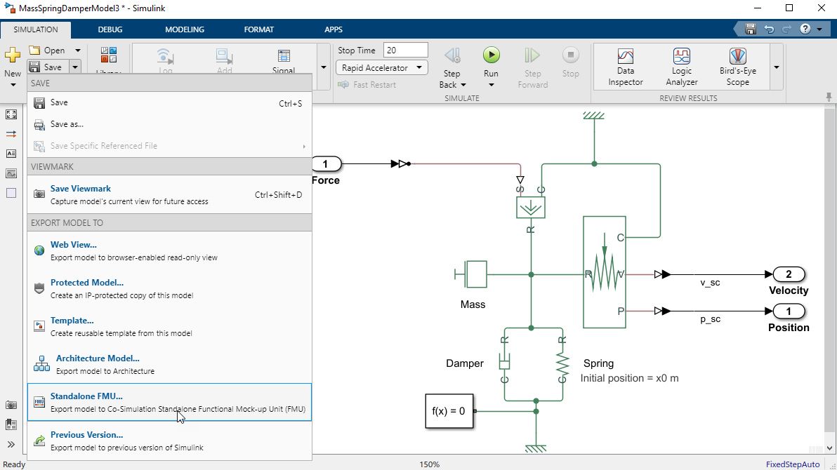 Screenshot of generating a standalone FMU from an example Simulink model.
