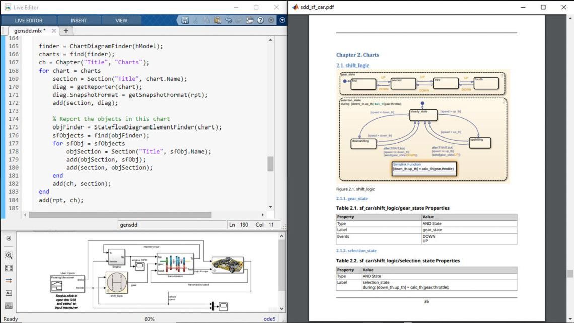 MATLAB code using a finder object on the left and the corresponding PDF output on the right.