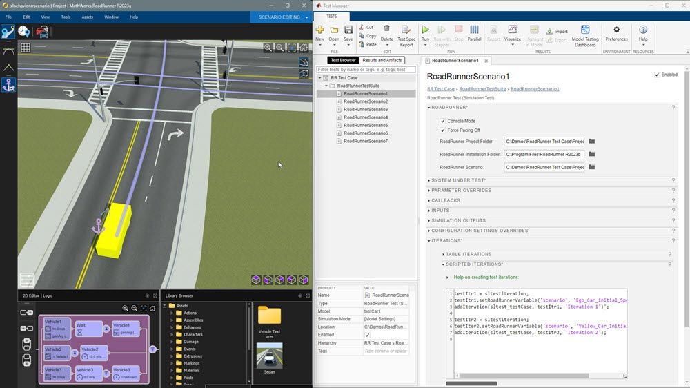 RoadRunner Scenario with vehicle approaching an intersection on left and the Simulink Test Test Manager with a RoadRunner test case on right.