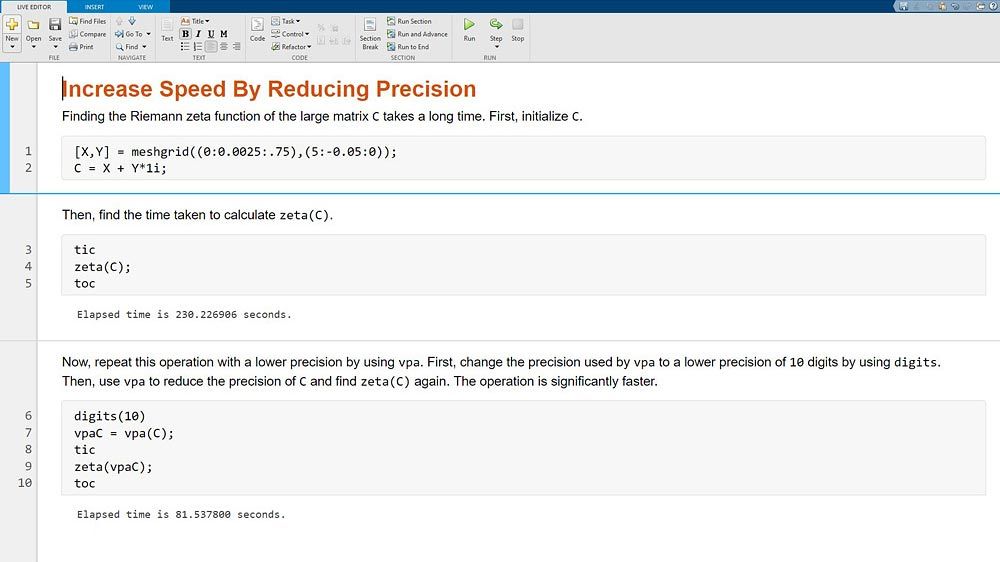 Live script that increases the speed of computation by reducing precision.