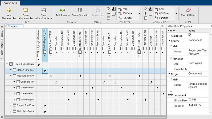 Screenshot of Allocations Editor showing relationships between architectural elements in one model and another model. 