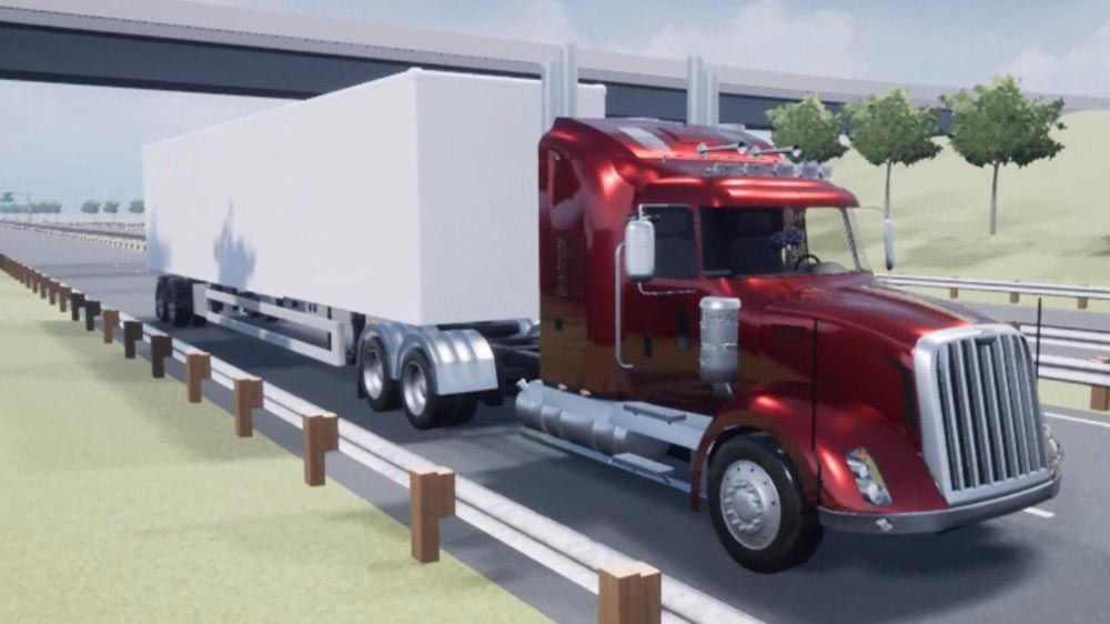 Truck Visualized in Unreal Engine Red truck with white trailer on a highway visualized in a 3D simulation environment.
