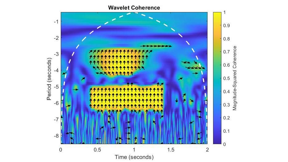 Plot showing the wavelet coherence and cone of influence of two signals, as an example of a wavelet function that can be sped up by via GPU processing.