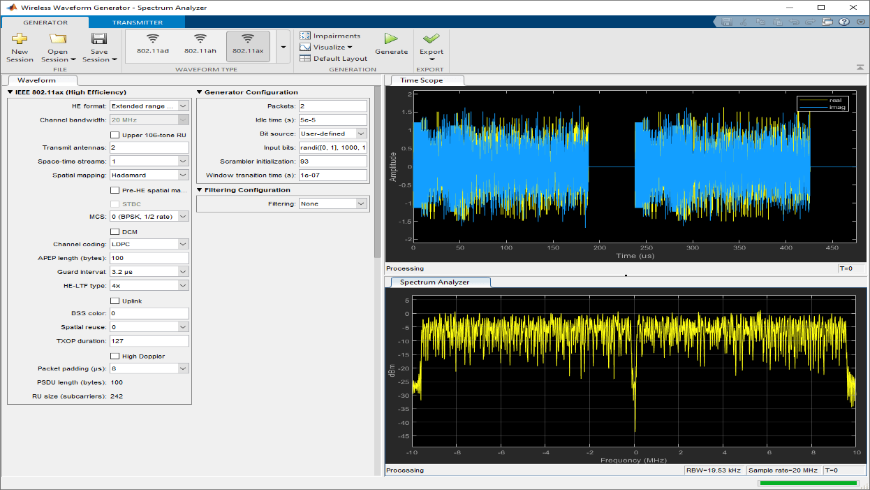 Wireless Waveform Generator App screenshot showing a typical 802.11ax waveform and its parameters. 