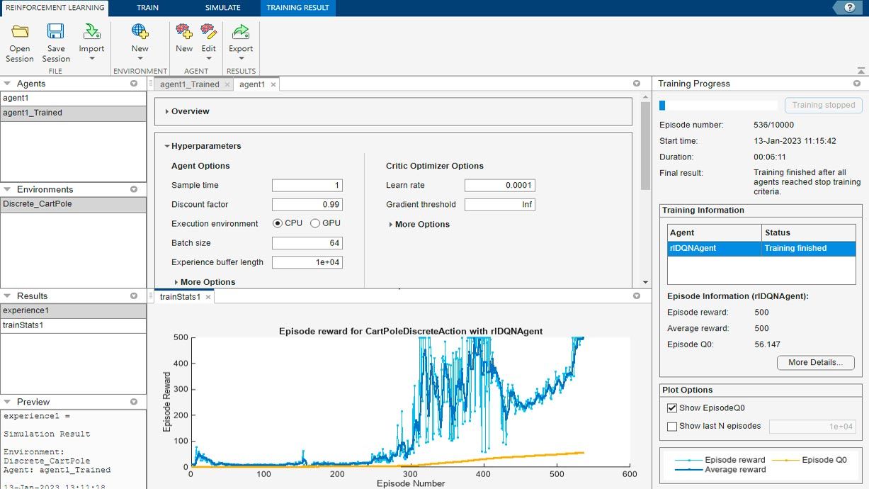 Screenshot of Reinforcement Learning Designer app showing training progress of a deep reinforcement learning agent.