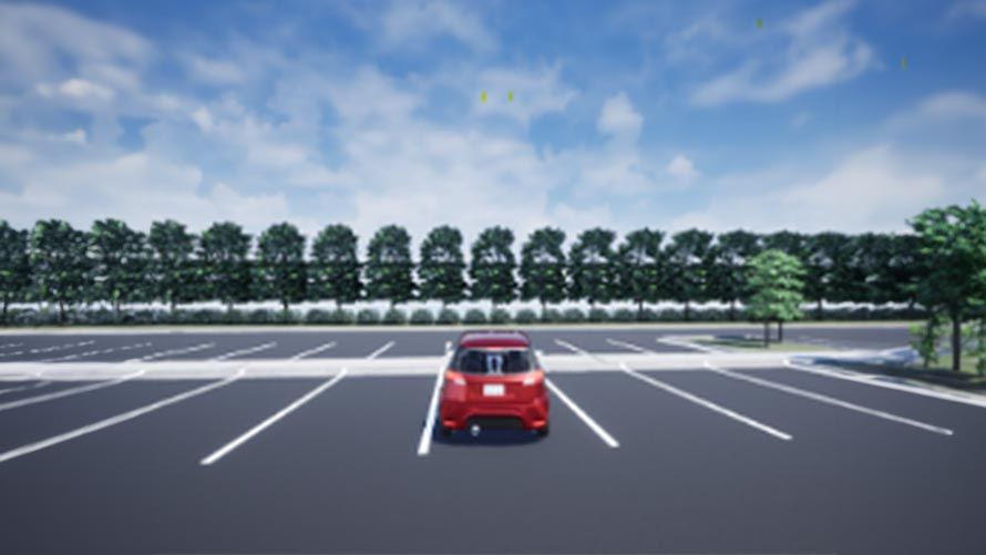 Screenshot of Unreal Engine simulation environment showing a car parked in a parking lot.