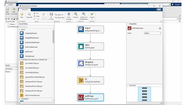 Design deep learning modes in MATLAB using a low-code app. Build from scratch, use templates, or import pretrained networks.