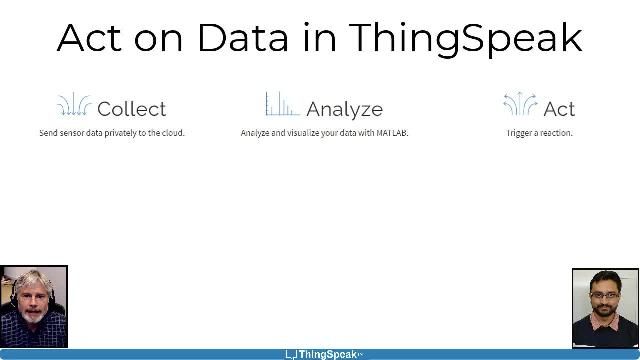 Act on your IoT data with ThingSpeak and MATLAB. Schedule analysis,alerts, and other actions automatically or when your data meets preset conditions. Monitor environmental conditions or remotely control mechanical devices.Share results with everyone.